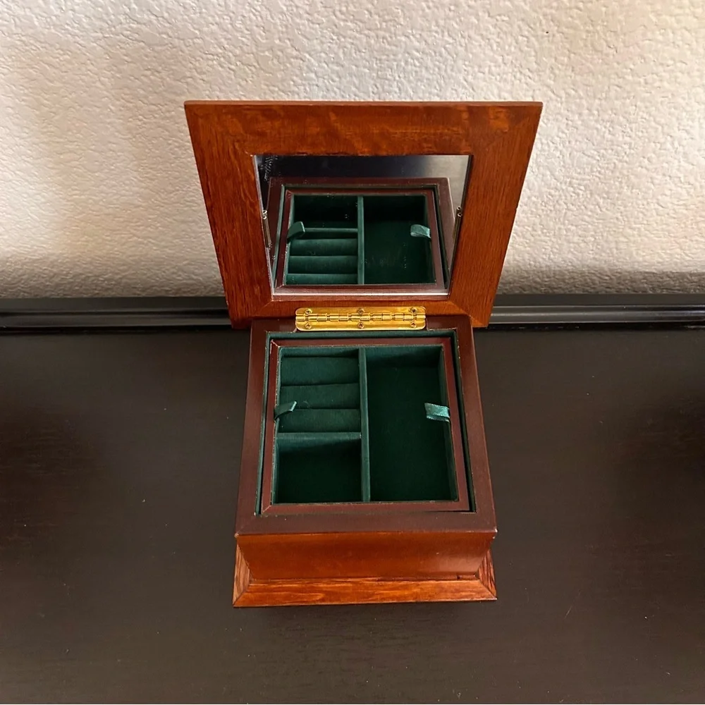 Vintage Thomas Kinkabe wooden jewelry box green velvet interior 6”x6x4” 2 tiers